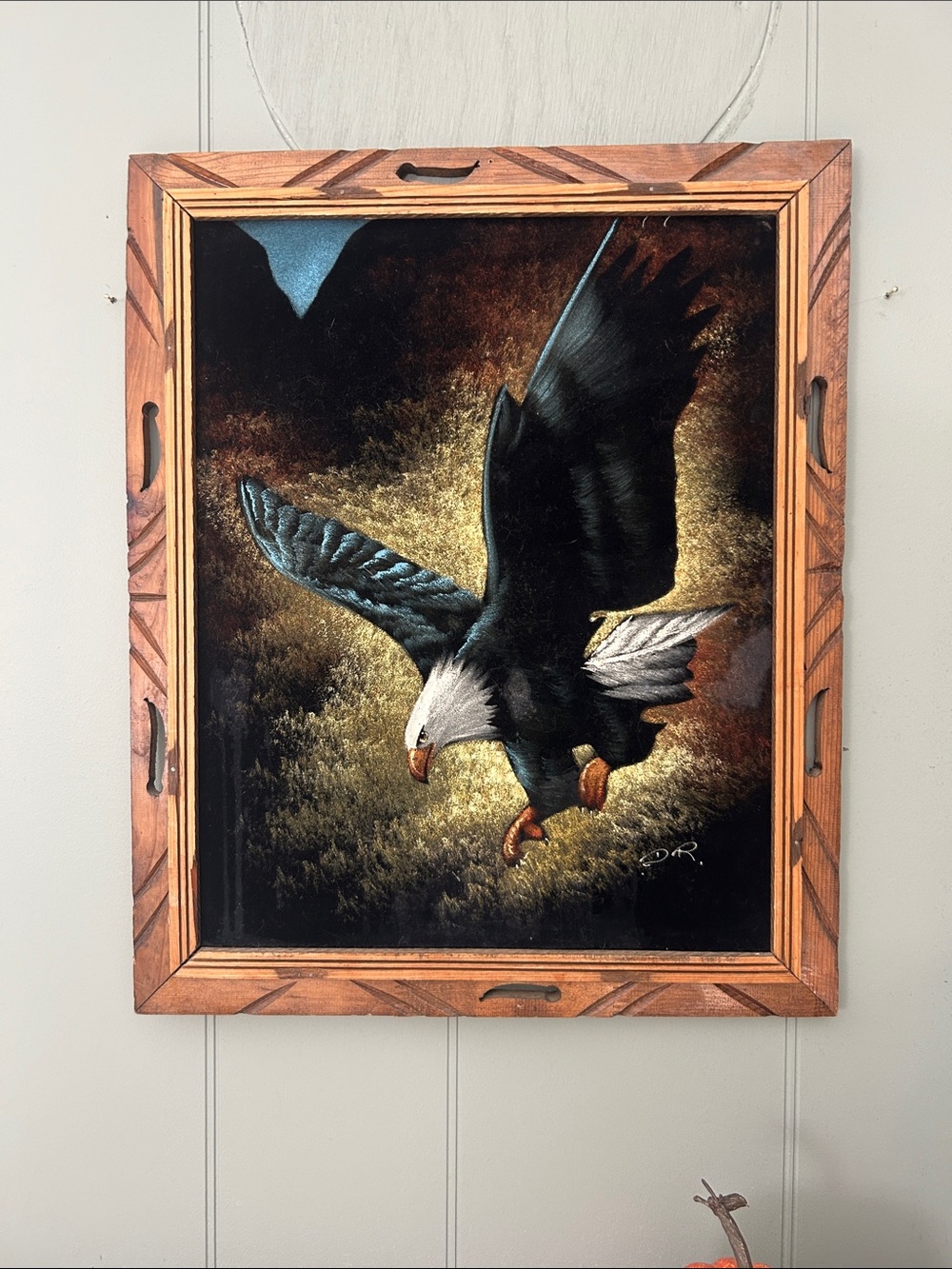 Vintage 70s mid century Velvet Eagle painting in wood frame